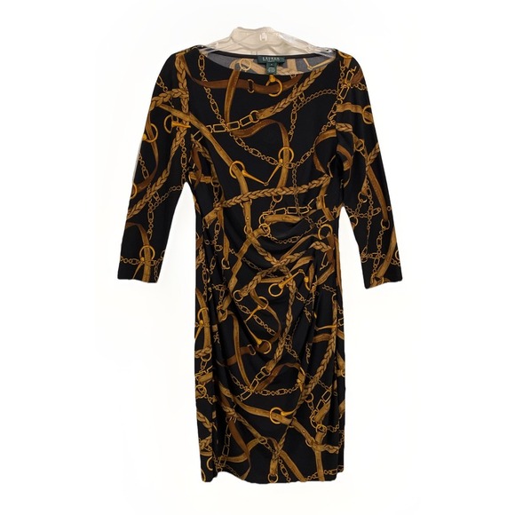 Ralph Lauren Dresses & Skirts - Lauren Ralph Lauren Black Gold Equestrian Bridle Ruched Side Dress Women's 6
